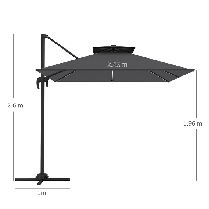 2.5m Cantilever Parasol with Solar Powered LED Lights, 360° Rotation, Tilt Adjustment, Crank Handle, Dark Grey