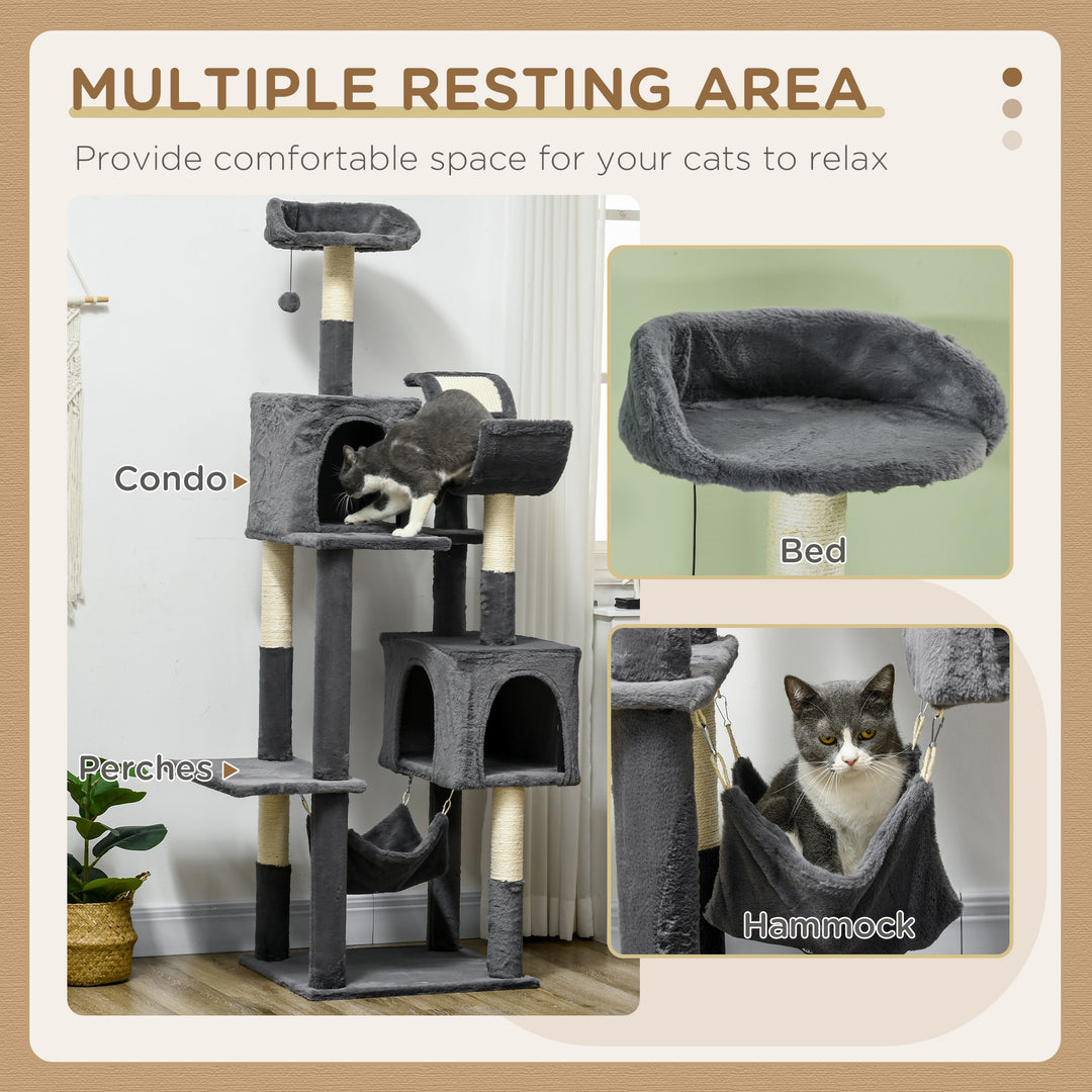 177cm Cat Tree with Scratching Post, Hammock, Cat House - Dark Grey