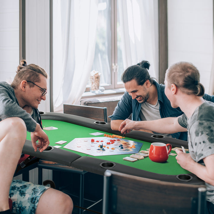 8 Player Folding Poker Table, Oval Portable Blackjack Casino Table with Cup Holder, Felt Top and Metal Base, 183 x 82 x 75cm, Green and Black