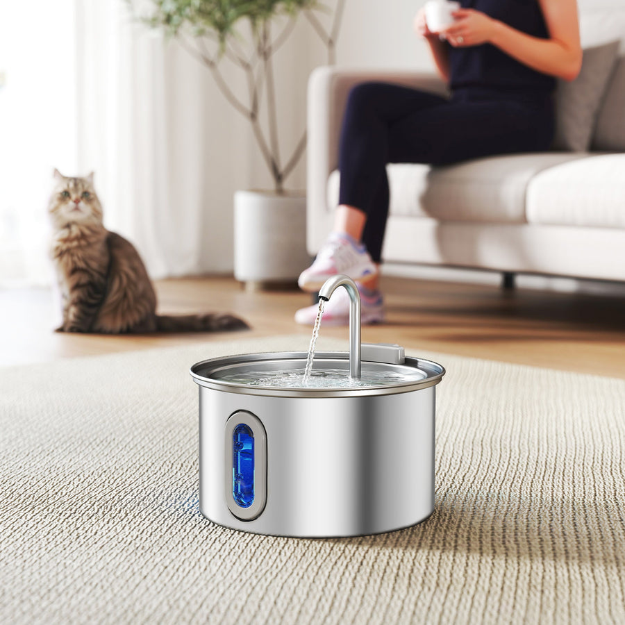 2.5L Stainless Steel Cat Water Fountain for Drinking with Ultra-Silent Pump, Water-Level Window, 7 Filters