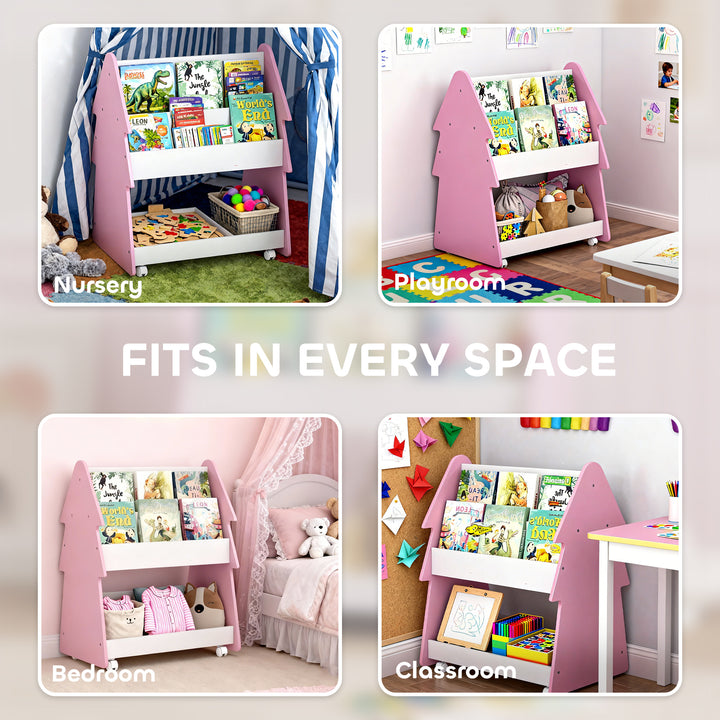 Kids Bookshelf with Toy Storage, Double-Sided Bookcase with Wheels, 3 Tier Kids Book Rack for Bedroom