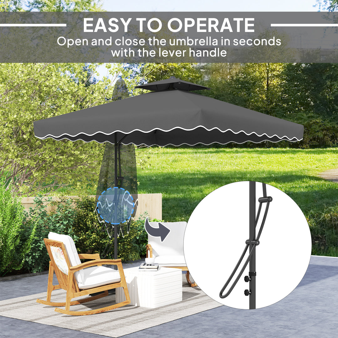 2.5m Cantilever Parasol with Easy Lever, Square Double Top Garden Parasol Umbrella with Ruffles and Cross Base, Overhanging Outdoor Sun Shades, Black