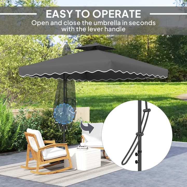 2.5m Cantilever Parasol with Easy Lever, Square Double Top Garden Parasol Umbrella with Ruffles and Cross Base, Overhanging Outdoor Sun Shades, Black