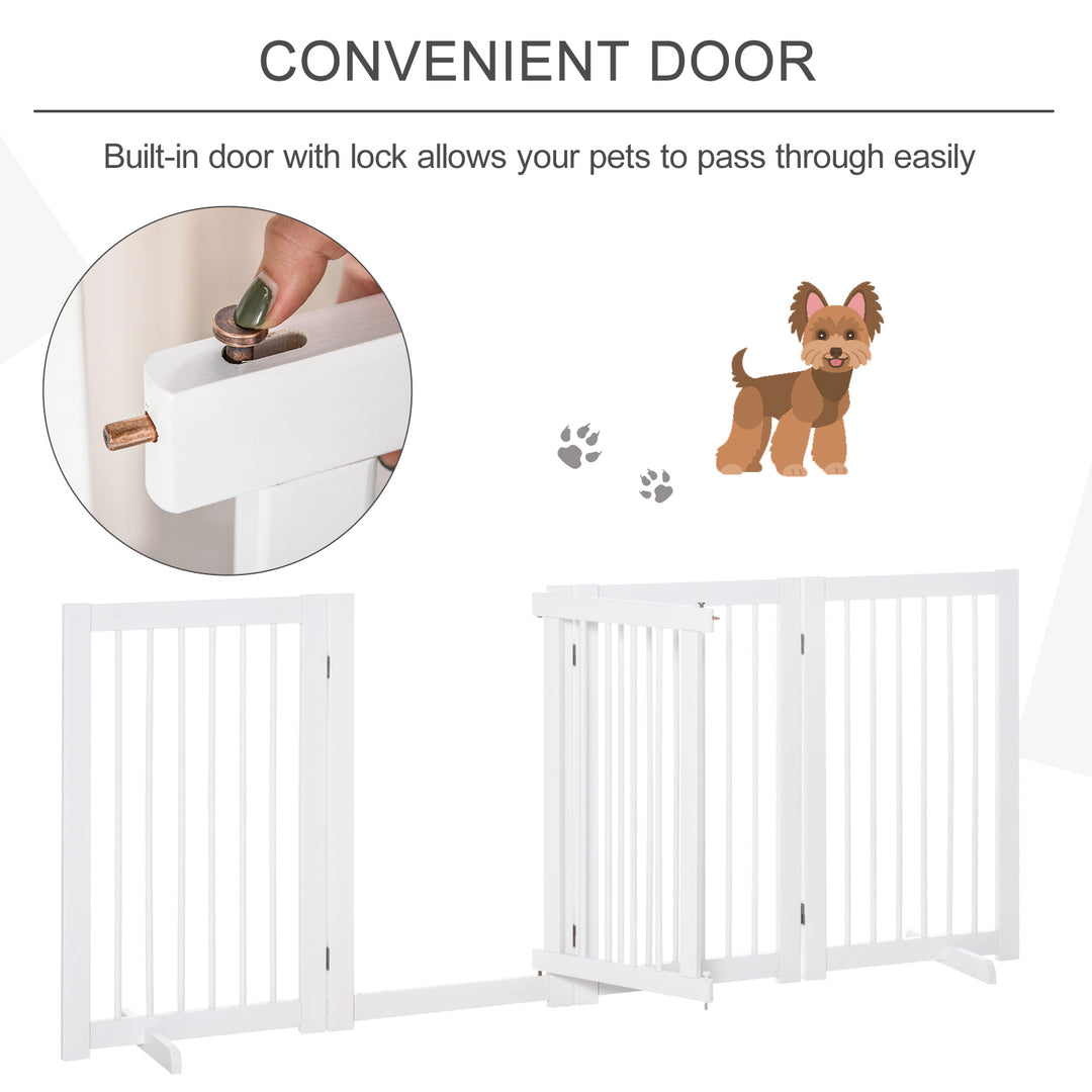 PawHut Wooden Freestanding Pet Gate 4 Panels 91cm Foldable Dog Safety Fence with 2 Support Feet Walk-through Door for Doorway Stairs White | Aosom UK