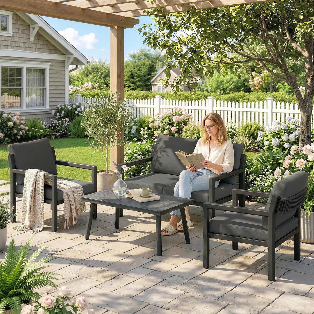 4 Seater Rattan Garden Furniture Set with 2 Armchairs, Loveseat, Coffe