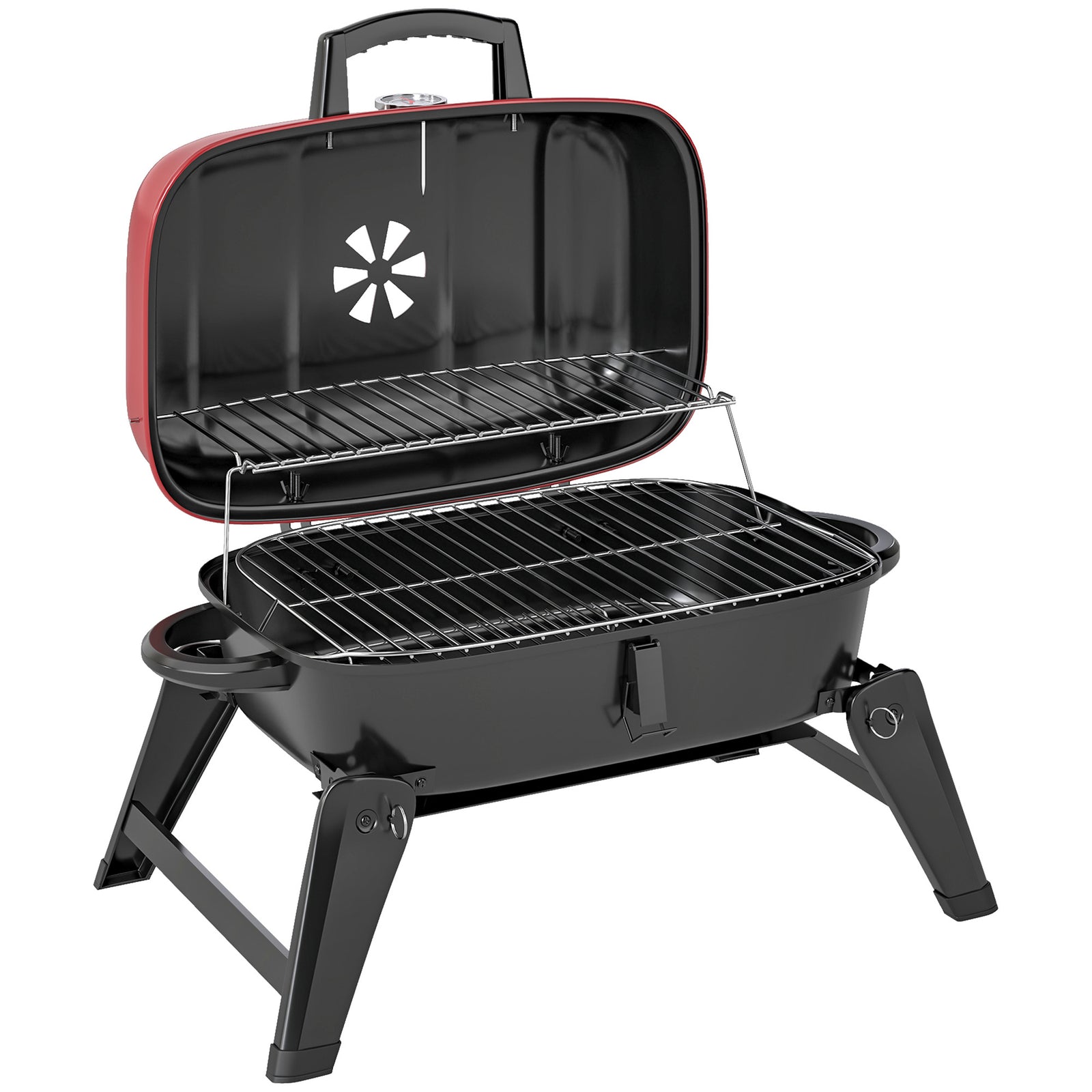 Charcoal Barbecue Grill Folding BBQ Grill with 1232 cm² Cooking Area, Adjustable Vent, Thermometer, Handles for Camping Picnic, Red