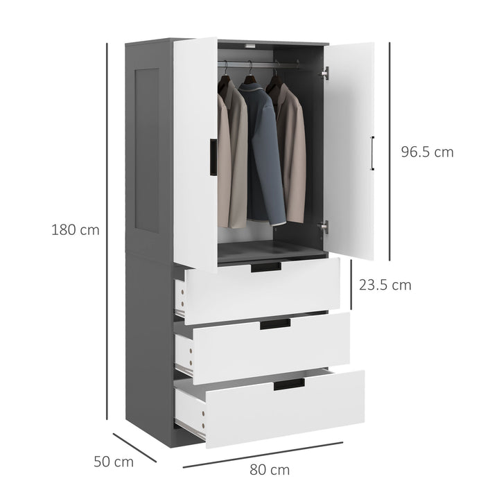 HOMCOM Wardrobe with 2 Doors, Modern Closet with 3 Drawers, Hanging Rod, Bedroom Storage, Grey