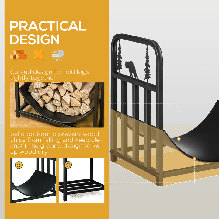 MCL Metal Firewood Log Holder Indoor Outdoor Firewood Rack Inner Arced Fireplace Wood Storage Shelf w/ Bear Shape Design, Rust-Resistant, Black, 42W x 33.5D x 43H cm