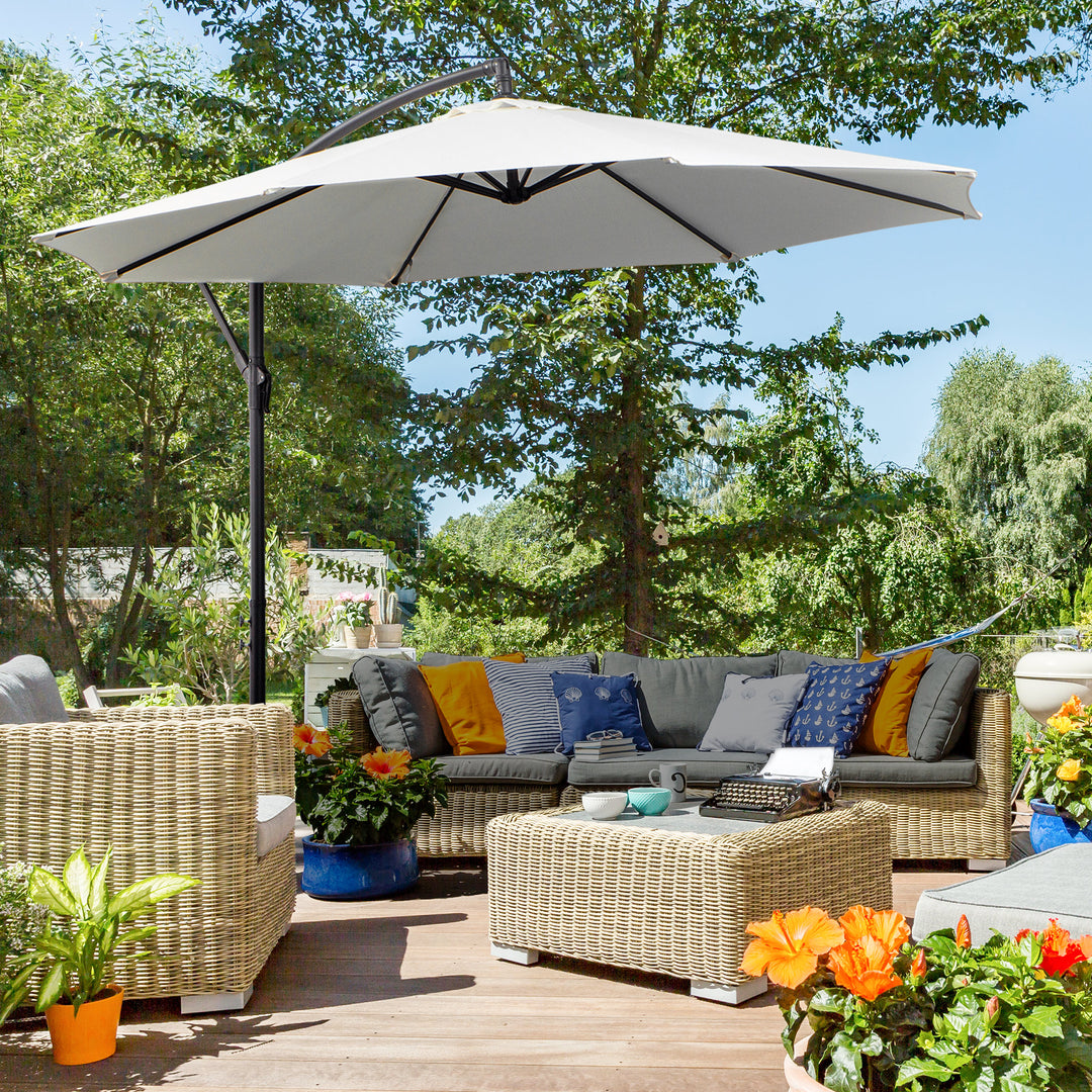 3m Banana Umbrella Parasol, Offset Cantilever Parasol Umbrella with Cross Base, Cream White