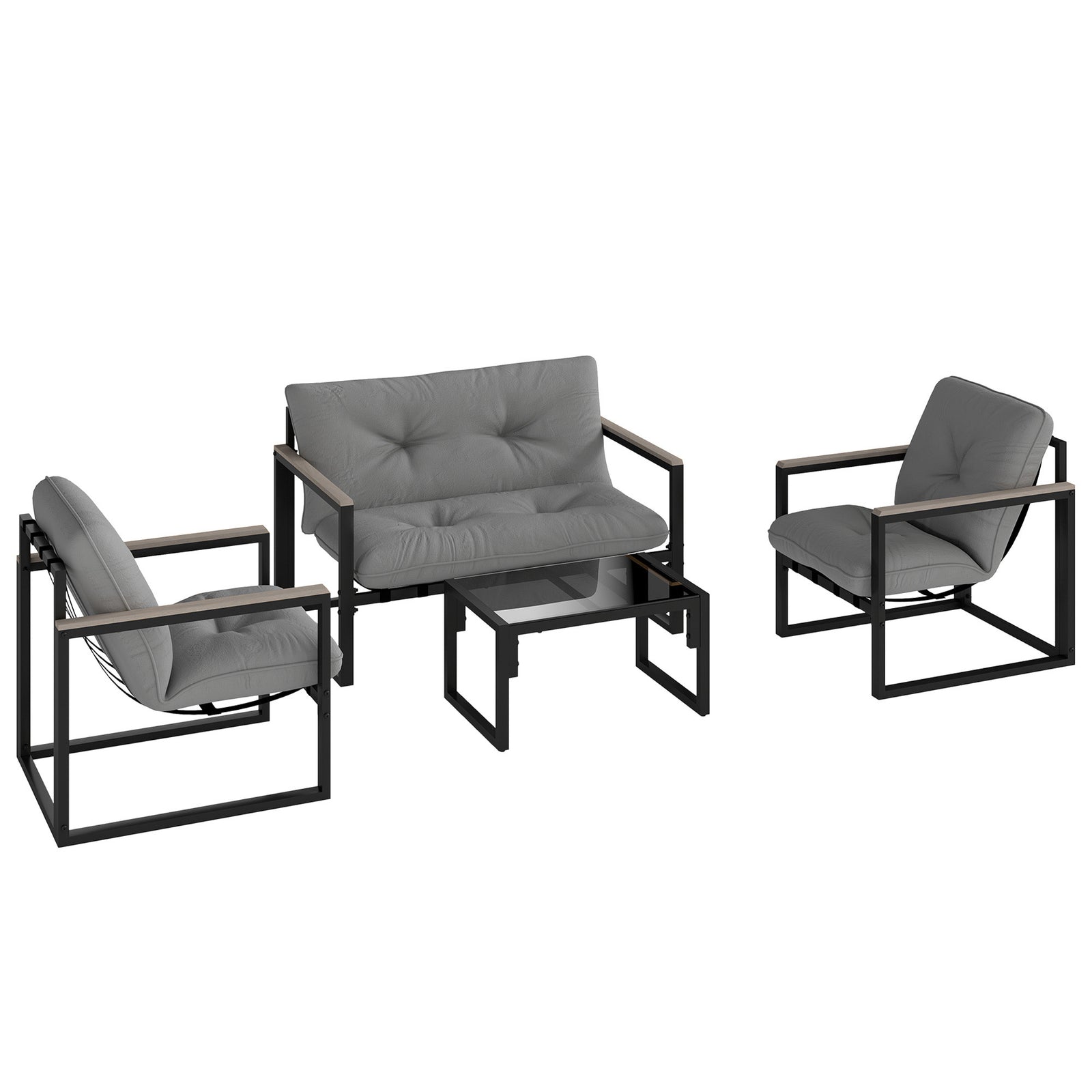 Garden Furniture Set, 4 Piece Indoor Outdoor Conservatory with Loveseat Sofa, Armchairs, Glass Top Coffee Table, Cushions for Balcony, Poolside, Patio, Dark Grey