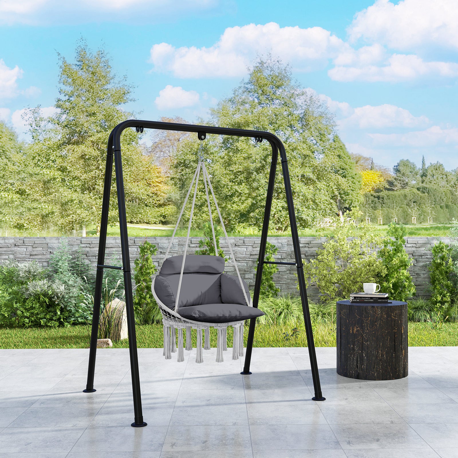 Hanging Chair Outdoor Hammock Chair with Soft Cushion, Cotton Rope Boho Style Swing Chair, Hanging Garden Swing Seat for Indoor Outdoor, Dark Grey
