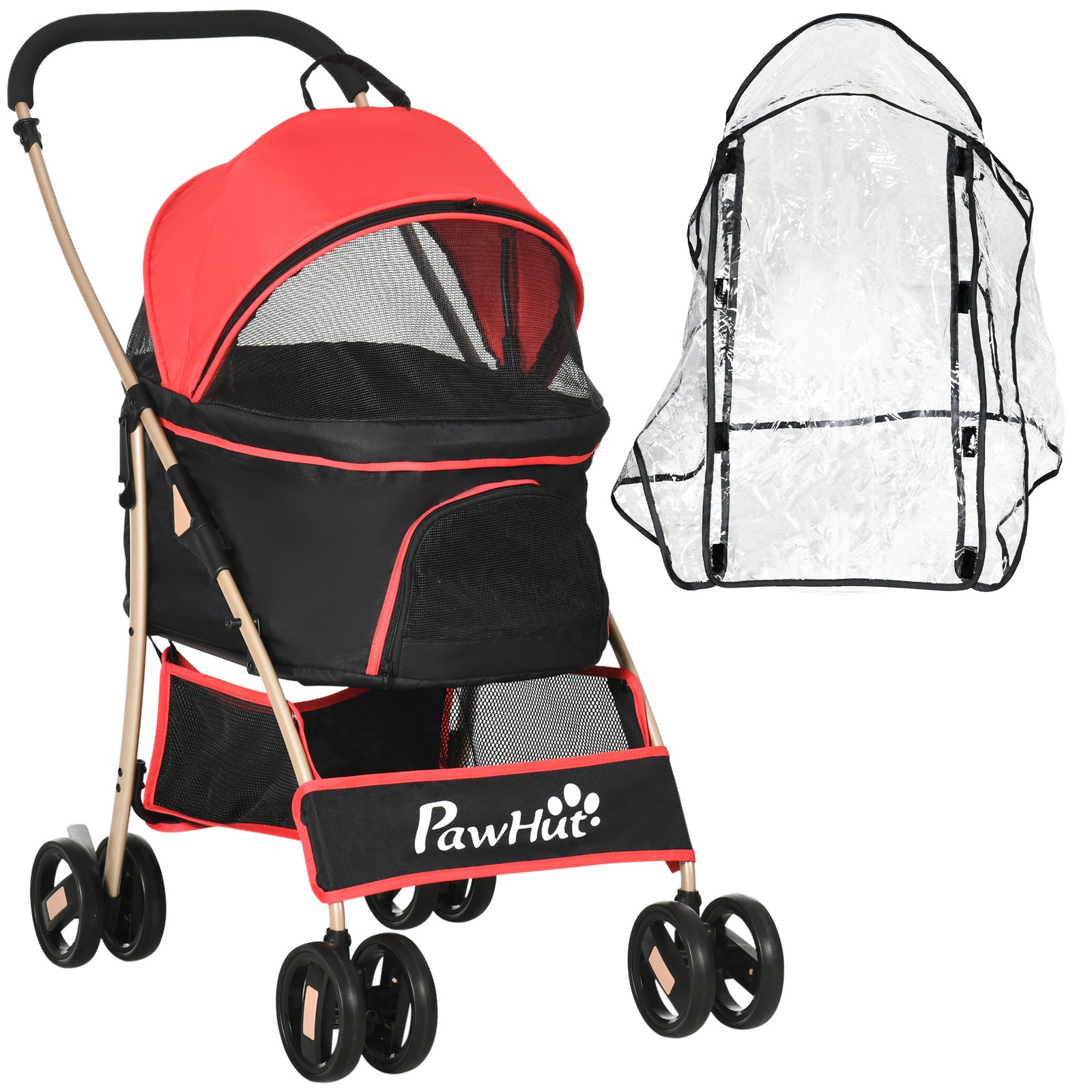 Detachable Pet Stroller with Rain Cover, 3 In 1 Cat Dog Pushchair, Foldable Carrying Bag w/ Universal Wheels, Brake, Canopy, Basket, Storage Bag for Small and Tiny Dogs - Red