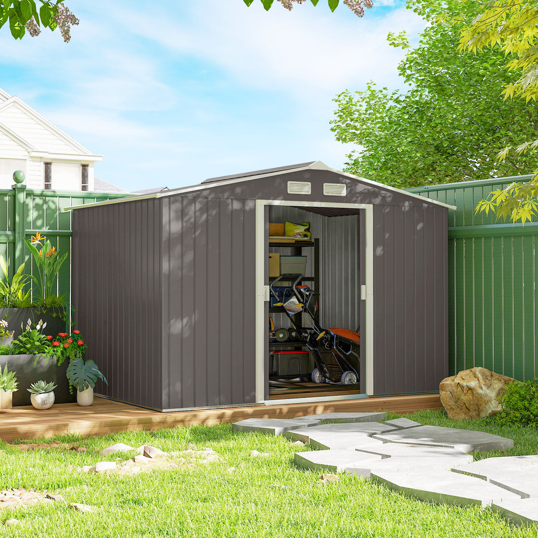 MCL 9 x 6FT Outdoor Garden Roofed Metal Storage Shed Tool Box with Foundation Ventilation & Doors Light, Grey