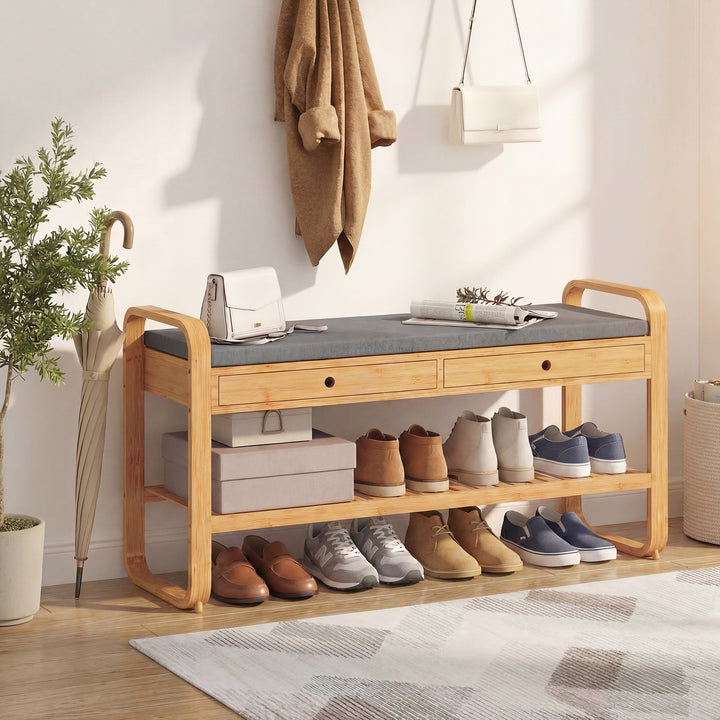 Shoe Bench with 2 Drawers Cushioned Seat Shoe Storage Bench for Hallwa