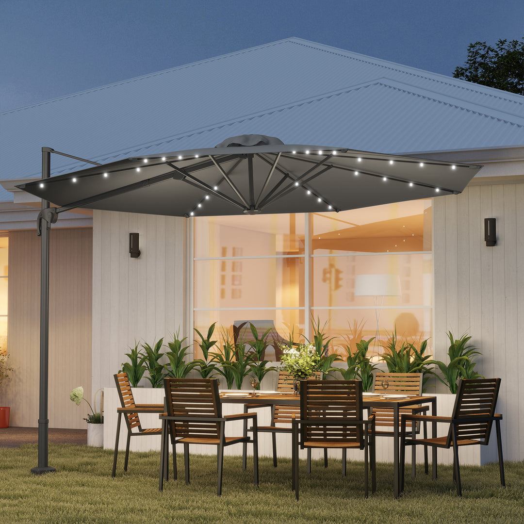 MCL 3(m) Cantilever Roma Parasol Patio Sun Umbrella with Crank & Tilt LED Solar Light Cross Base 360° Rotating Outdoor, Dark Grey