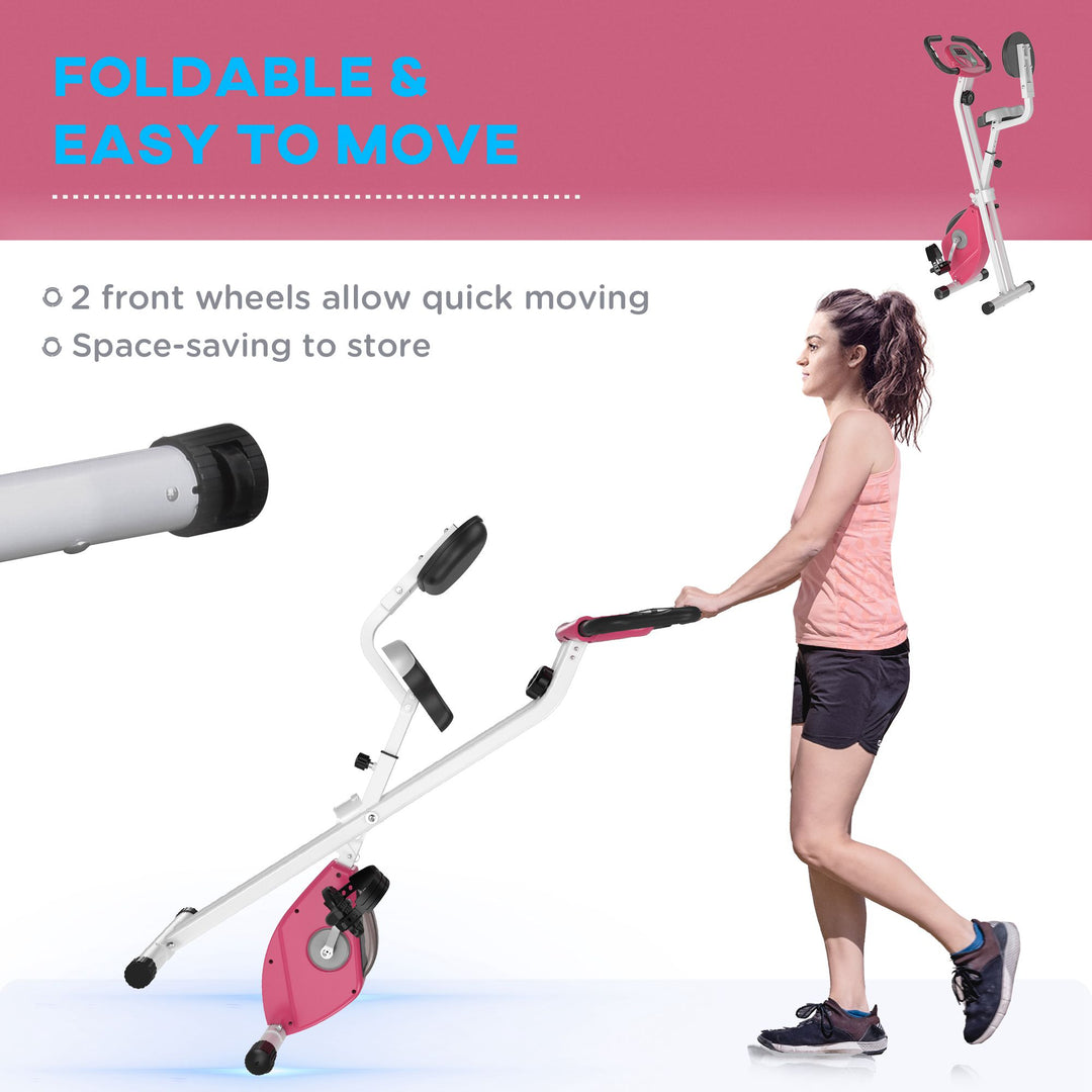 Folding Exercise Bike, Fitness Bicycle Indoor Trainer, 8-Level Magnetic Resistance Adjustable, with LCD Monitor, Pulse Sensor, Pink