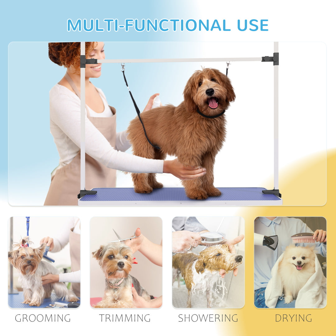 42" Dog Grooming Table, Adjustable Pet Cat Drying Beauty Table with 2 Loops Storage Basket, Rubber Top, Blue