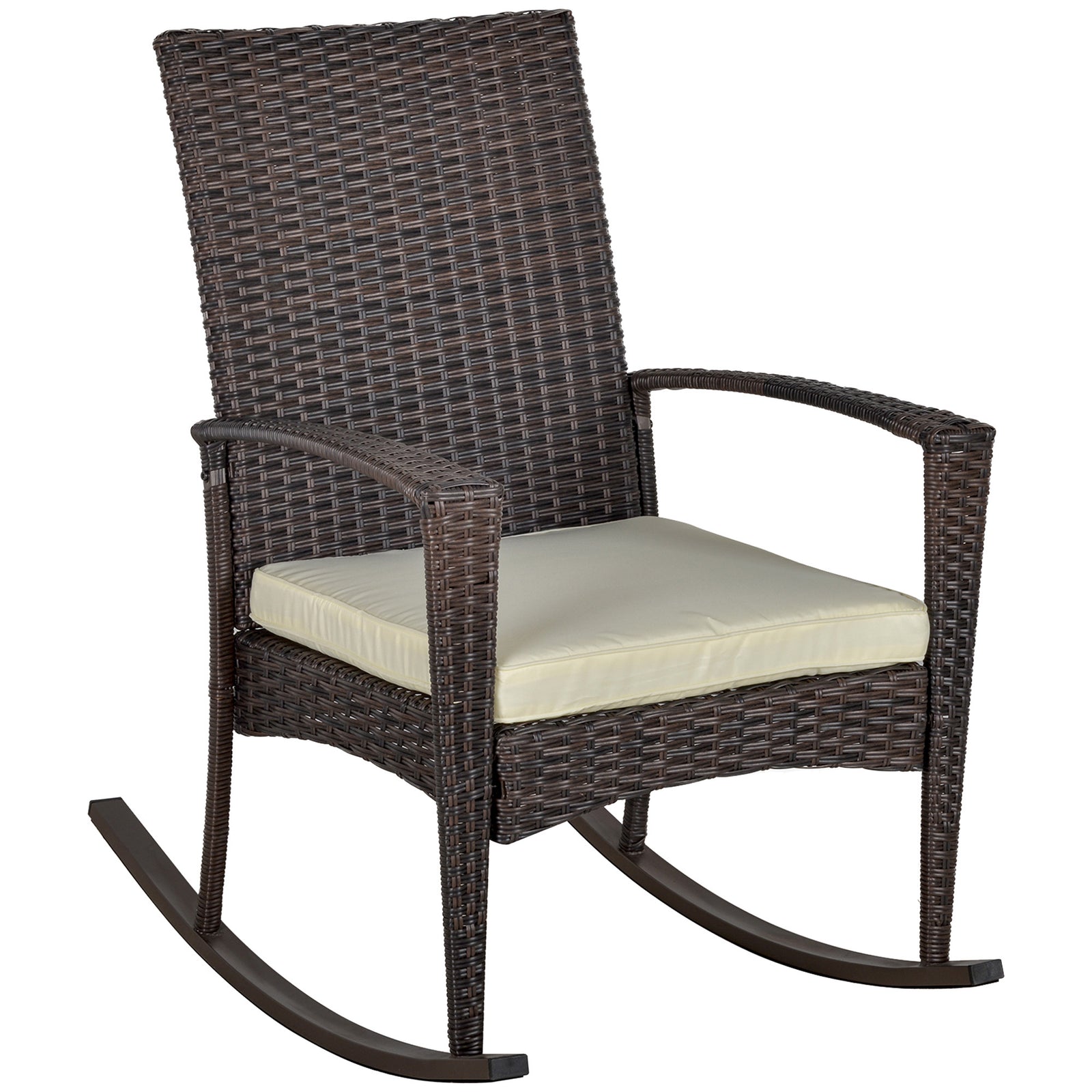 PE Rattan Garden Rocking Chair, Outdoor Rocking with Cushion, 160 KG Capacity Wicker Garden Armchair Rocker with Metal Frame for Patio, Porch, Balcony, Brown