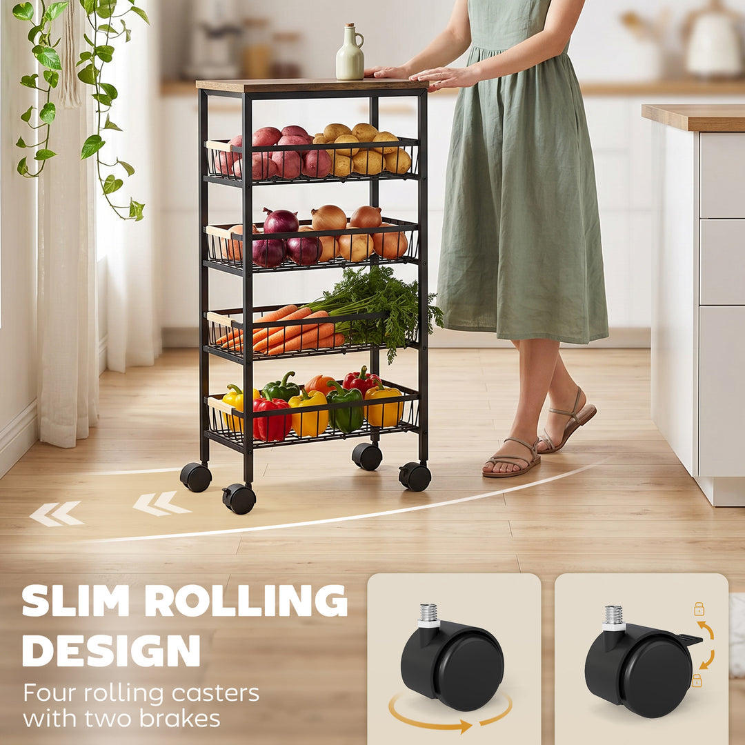 Metal Kitchen Trolley, 4-Tier Storage Trolley with Pull-Out Baskets an