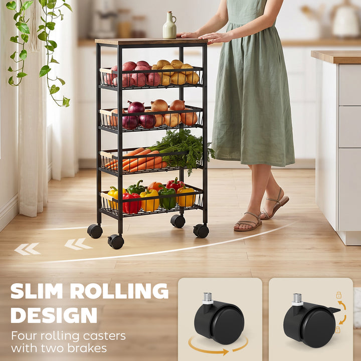 Metal Kitchen Trolley, 4-Tier Storage Trolley with Pull-Out Baskets an