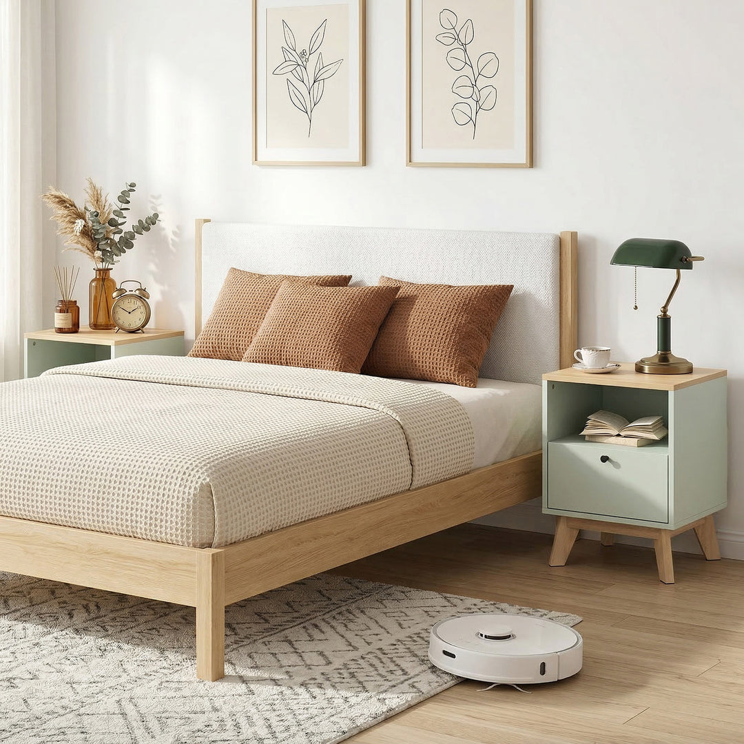Modern Nightstand Set of 2, Bedside Table with Drawer and Open Shelf, 