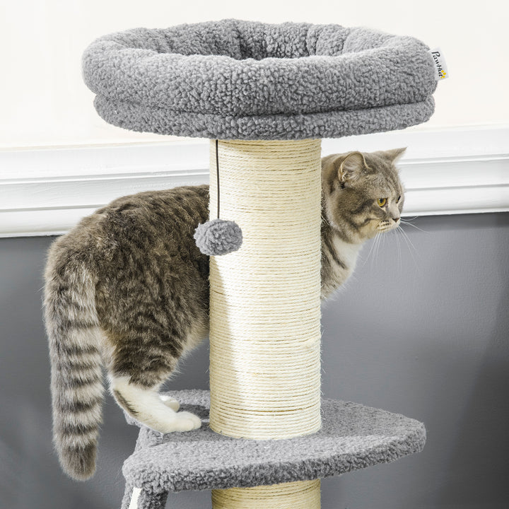 PawHut Cat Tree Tower: Scratching Posts, Pad, Bed, Toy Ball for Cats under 6kg, Dark Grey & Beige | Aosom UK