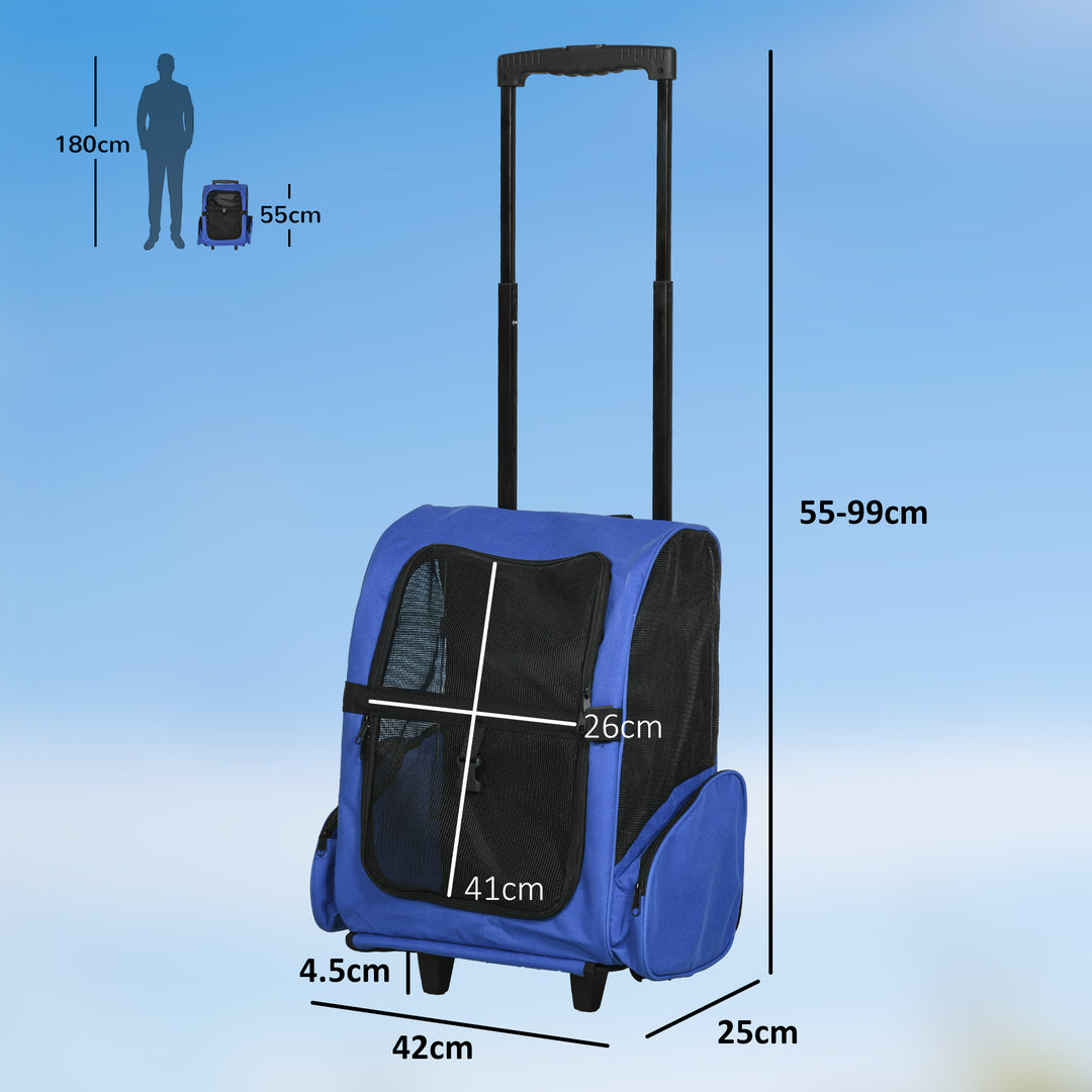 PawHut Portable Pet Carrier Backpack with Trolley, Telescopic Handle, Stroller Wheels for Cats & Dogs, 42 x 25 x 55 cm, Blue | Aosom UK