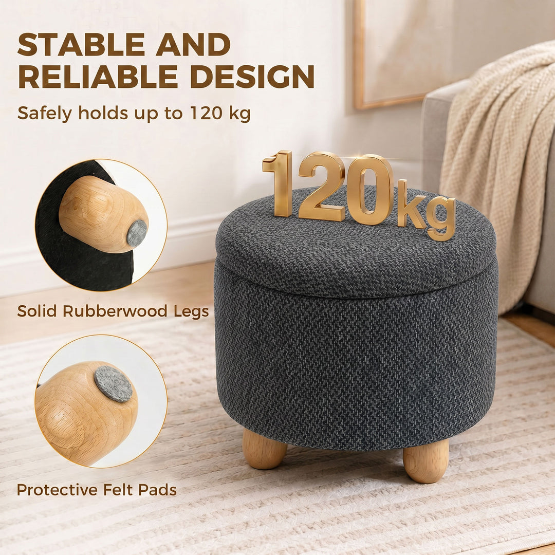Storage Sitting Bench with Lid, Round Storage Ottoman with Rubberwood 