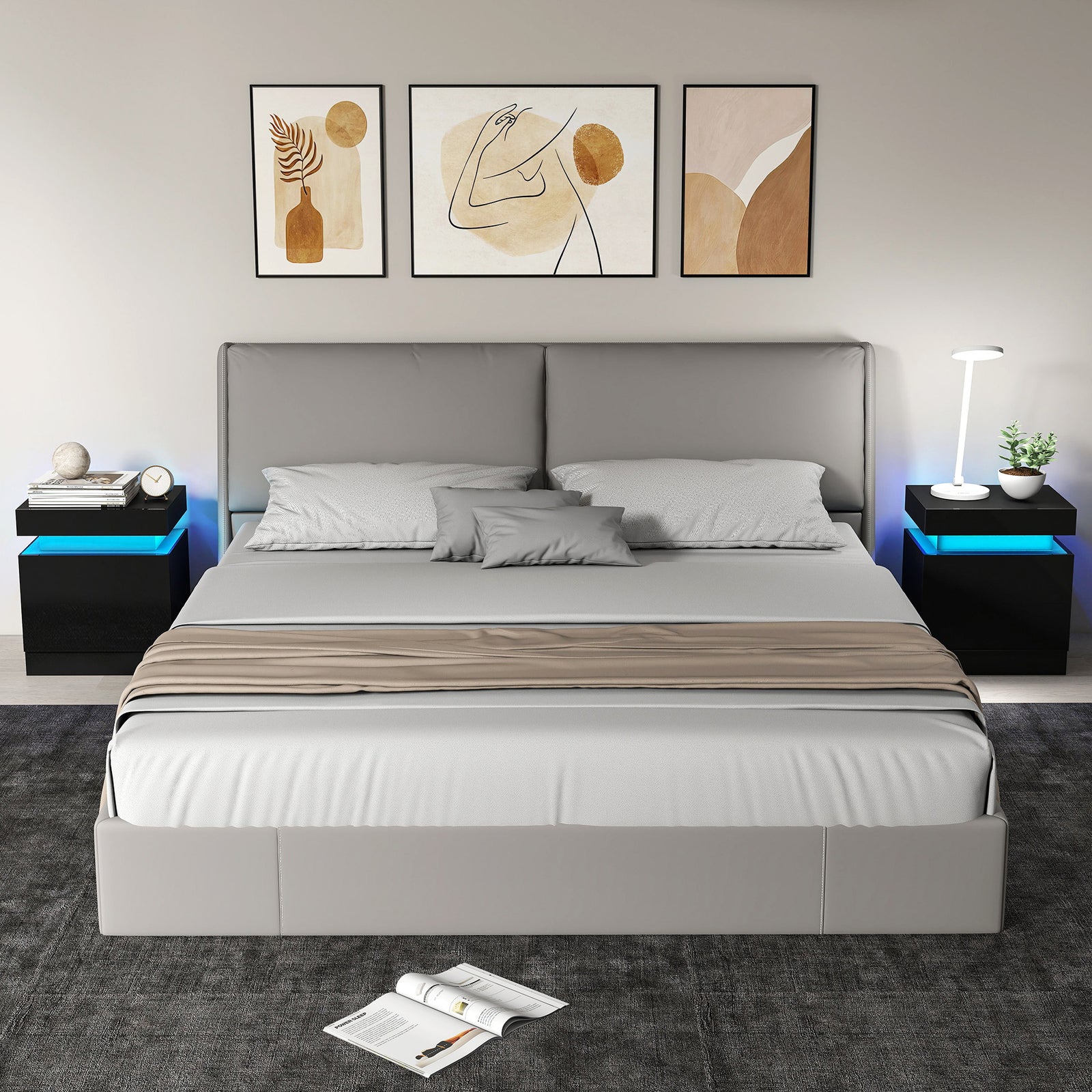 Black Bedside Table with LED Light, High Gloss Front Nightstand with 2