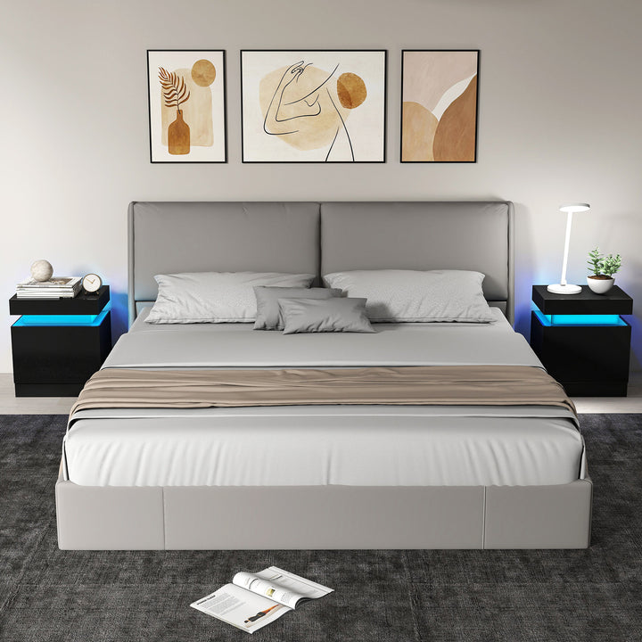 Black Bedside Table with LED Light, High Gloss Front Nightstand with 2