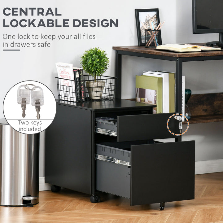 2-Drawer Vertical File Cabinet, Lockable Steel Filing Cabinet with Pencil Tray and Hanging Bar for A4, Letter, Legal-sized Files, Fully Assembled Except Casters, Black