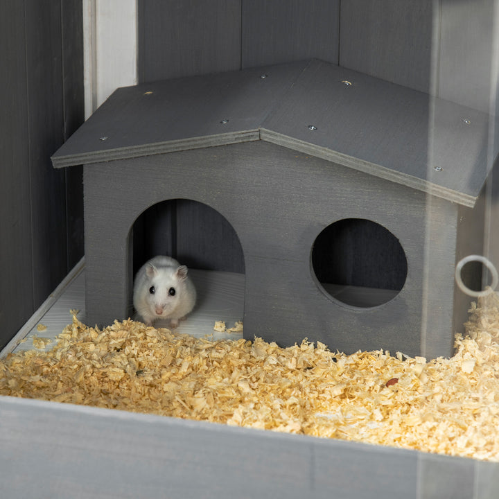 Wooden Hamster Cage for Dwarf Hamsters, Gerbils, Rutin Chicken, with Shelf, Two Huts - Grey