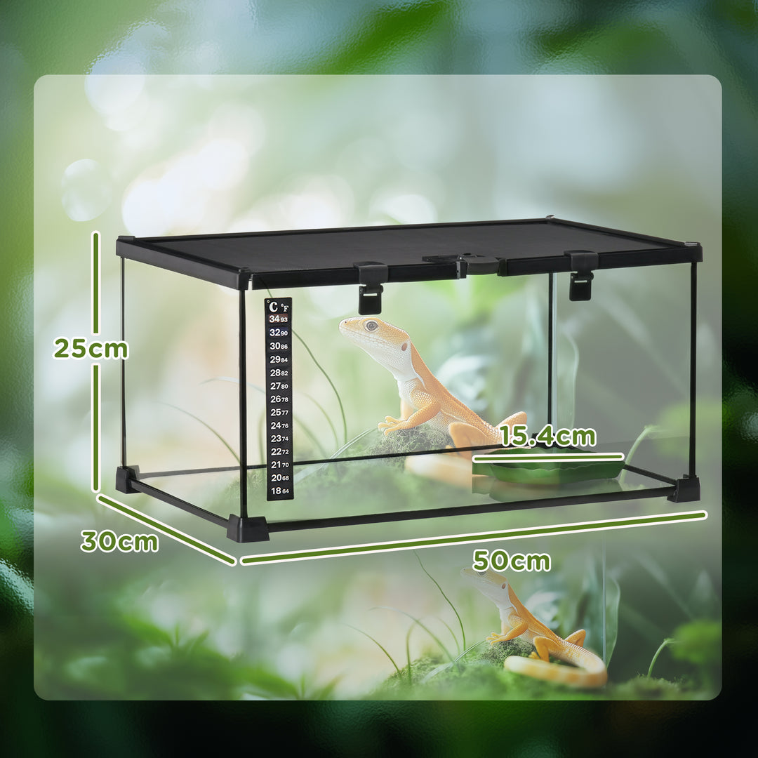 Glass Reptile Terrarium Insect Breeding Tank Vivarium Habitats with Thermometer for Lizards, Horned Frogs, Snakes, Spiders - Medium 50 x 30 x 25cm