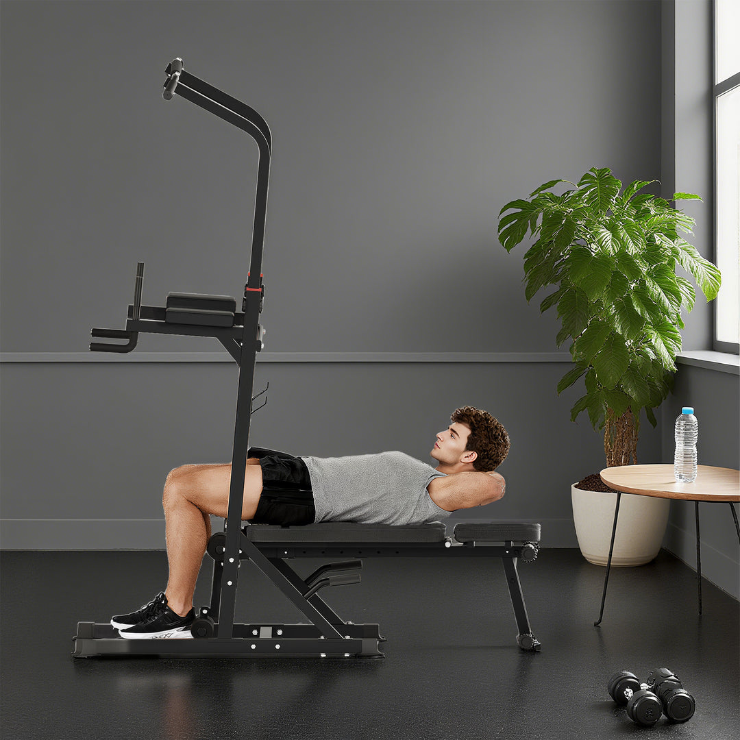 MCL Pull Up Station with Adjustable Weight Bench, Dip Station and Barbell Rack, Multi-Function Power Tower Free Standing Pull Up Bar for Home Gym