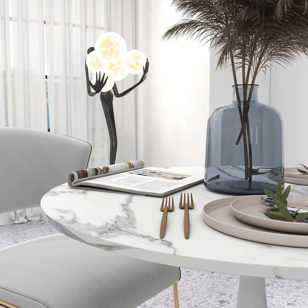 Small 2-Person Dining Table, Elegant Design Table with Steel Base and Non-slip Foot Pad, White and Grey