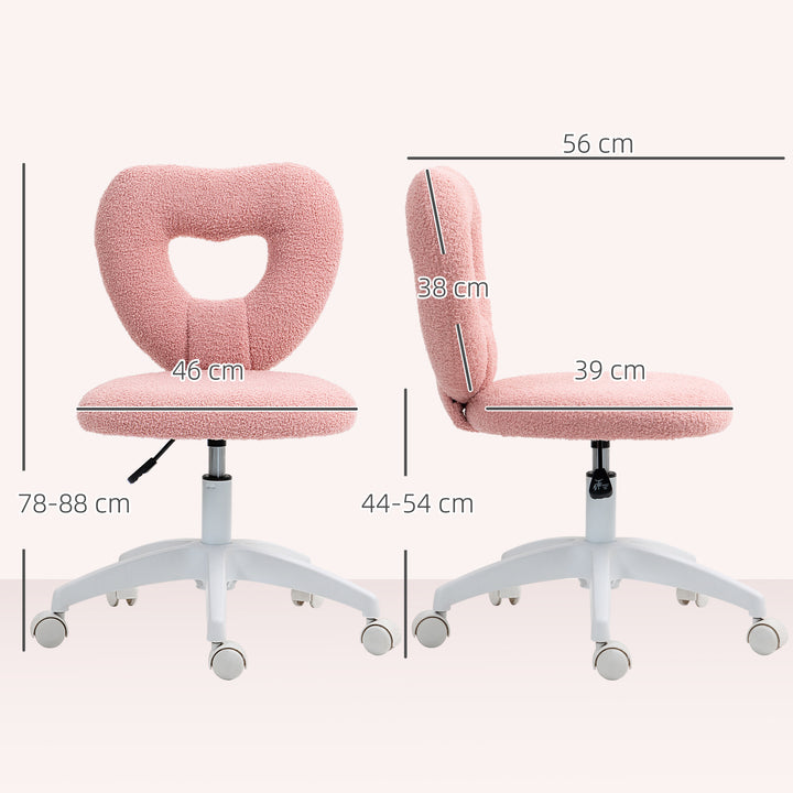 Armless Heart Computer Desk Chair, Teddy Fleece Swivel Office Chair, Makeup Vanity Chair with Height Adjustable, Wheels, for Home Study Bedroom, Pink