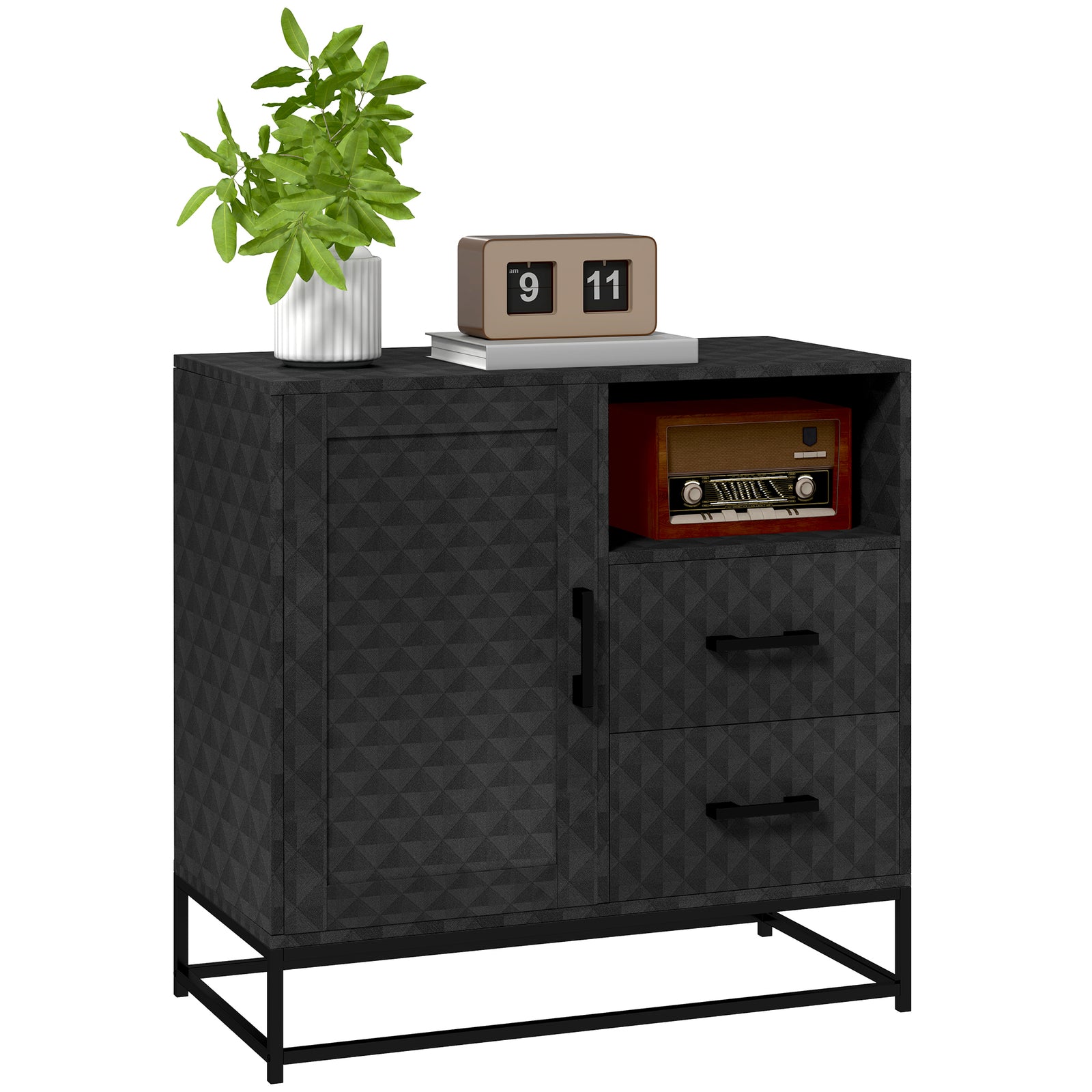 Sideboard with Adjustable Shelf, Freestanding Sideboard Storage Cabinet with Open Compartment and 2 Drawers, Black