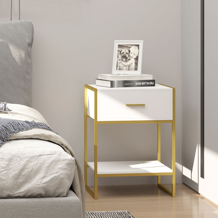 HOMCOM Contemporary Bedside Cabinet with Drawer and Shelf, Chic Storage Organiser for Bedroom or Living Room, White and Gold