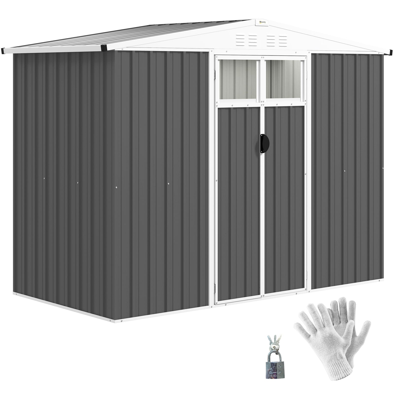 8 x 4 ft Metal Garden Shed, Garden Storage Shed with Window, 4 Vents and Lockable Door, Waterproof Galvanised Steel Tool Storage Shed, Dark Grey