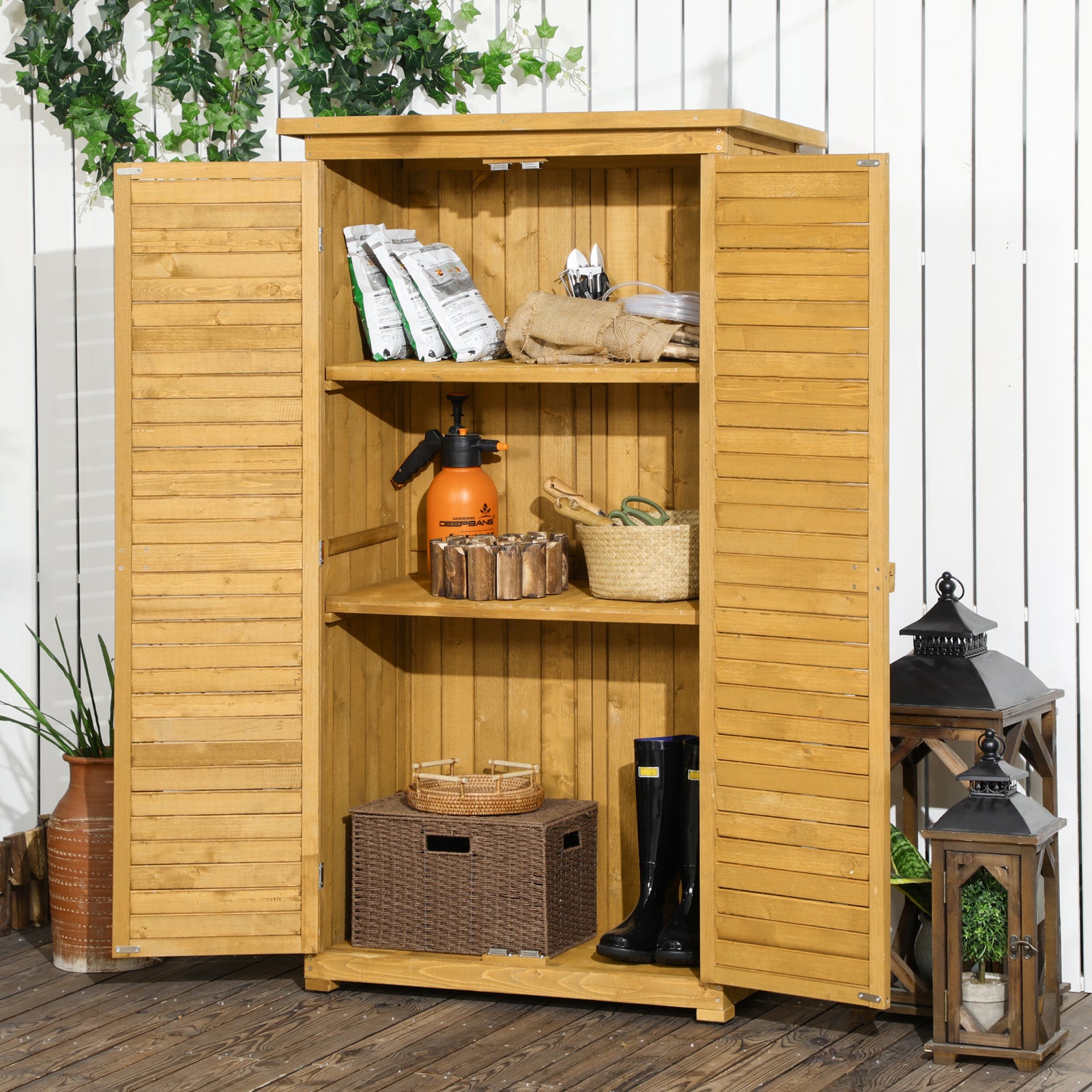 Wooden Garden Storage Shed, Compact Utility Sentry Unit, 3-Tier Shelves Tool Cabinet Organizer with Asphalt Roof and Shutter Design, 87cm x 47cm x 160cm