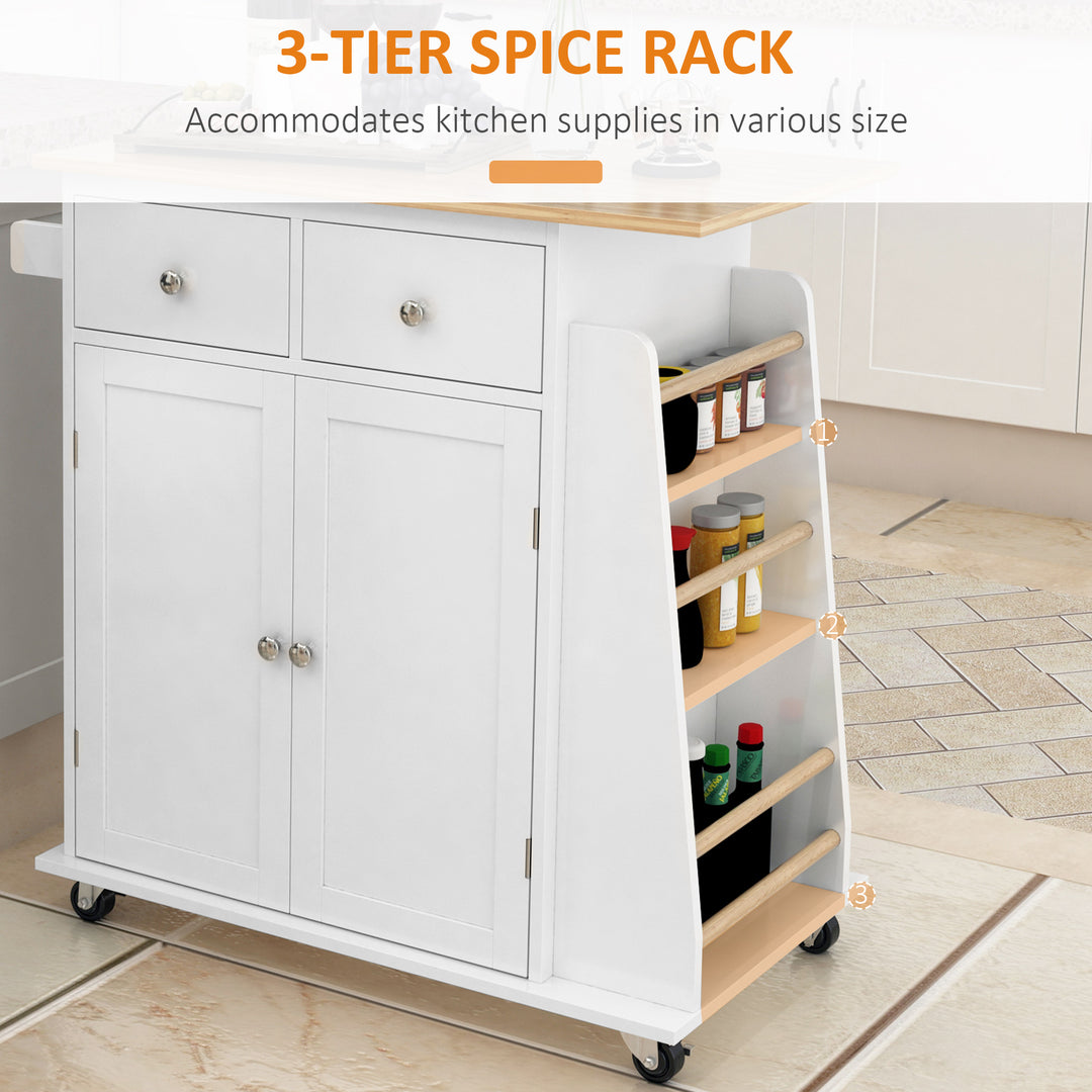 MCL Kitchen Island on Wheels, Mobile Storage Trolley, Rolling Kitchen Cart with Rubber Wood Top, 2-Door Cabinets, 2 Drawers, Adjustable Shelf, 3-Tier Spice Rack, Drawers