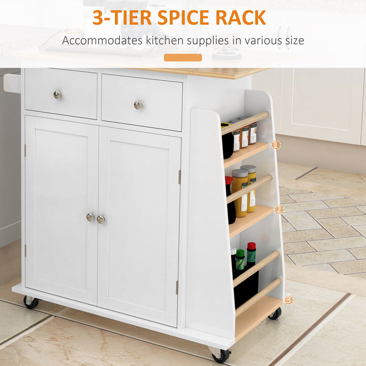 MCL Kitchen Island on Wheels, Mobile Storage Trolley, Rolling Kitchen Cart with Rubber Wood Top, 2-Door Cabinets, 2 Drawers, Adjustable Shelf, 3-Tier Spice Rack, Drawers