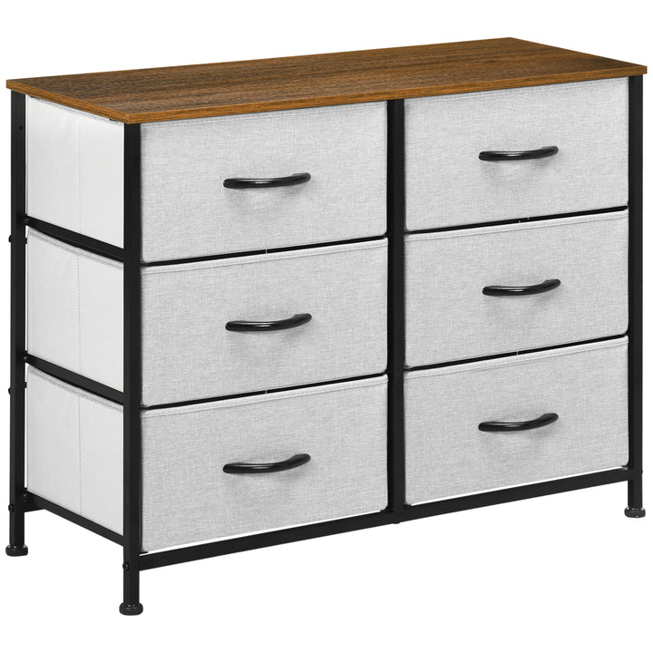 HOMCOM Bedroom Chest of Drawers, Industrial Dresser with 6 Fabric Bins, Steel Frame & Wooden Top, Grey | Aosom UK