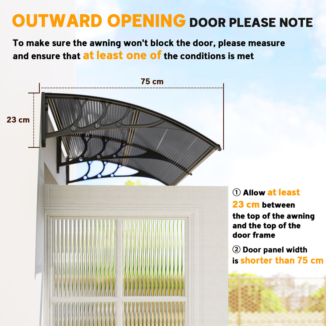Front Door Canopy Outdoor Awning Aluminium Rigid Plastic Polycarbonate Rain Shelter UV Water Rain Resistant 196 x 75cm Black