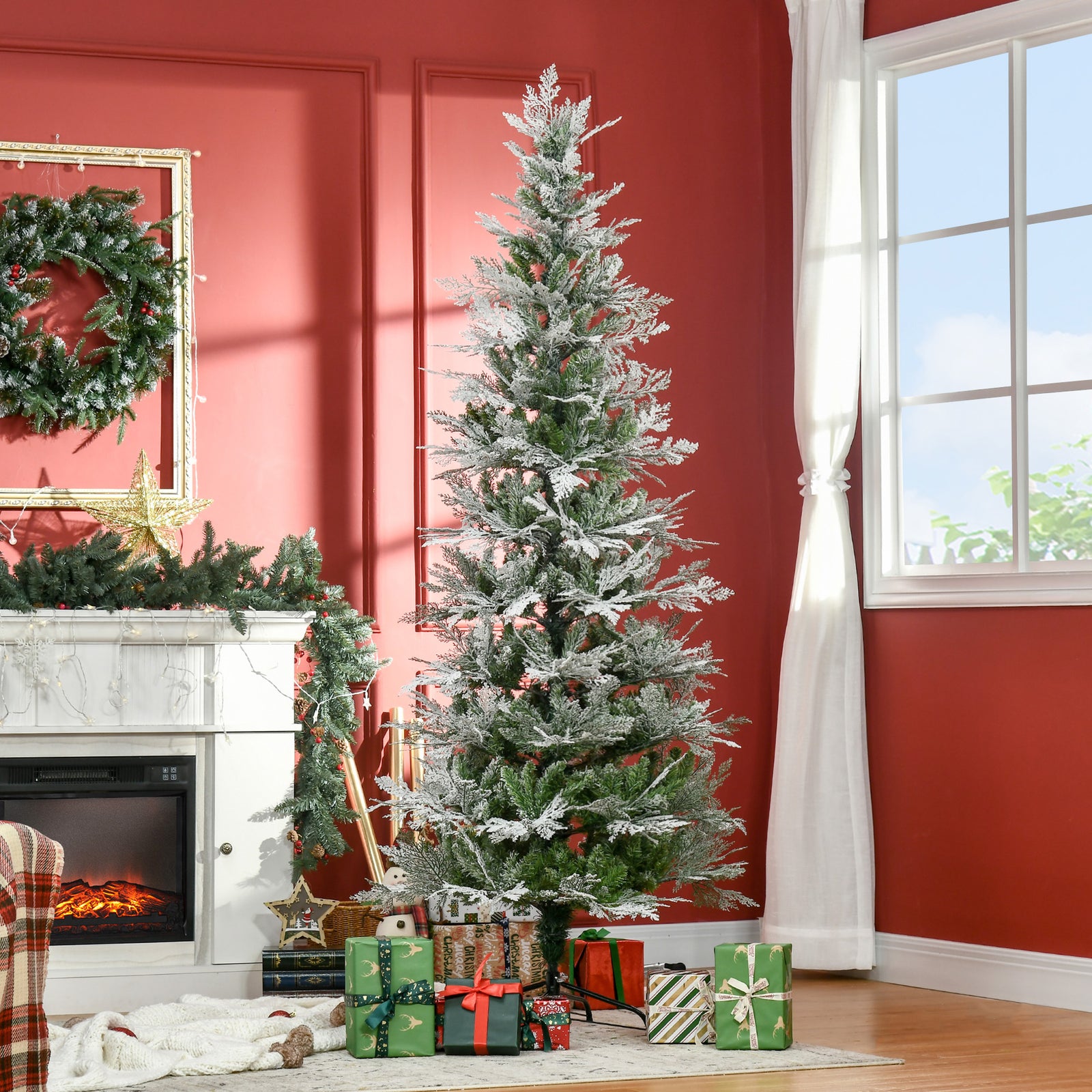 7 Ft Pencil Snow Flocked Artificial Christmas Tree with Realistic Cypress Branches, Auto Open, Green