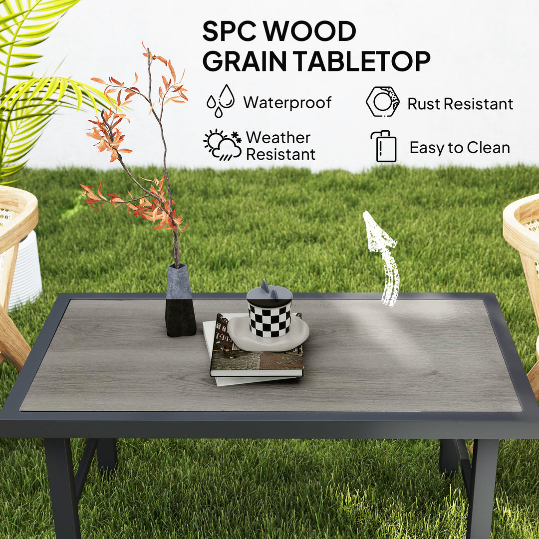 Metal Garden Coffee Table, Outdoor Side Table with SPC Woodgrain Tabletop for Outside, Garden, Balcony, Porch, 100 x 53 x 46cm, Grey Wood Effect
