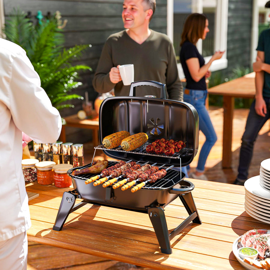 Charcoal Barbecue Grill Folding BBQ Grill with 1232 cm² Cooking Area, Adjustable Vent, Thermometer, Handles for Camping Picnic, Black