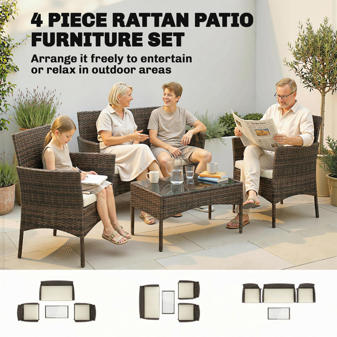 4 Piece Rattan Garden Furniture Sofa Set with Loveseat, Armchairs, Gla