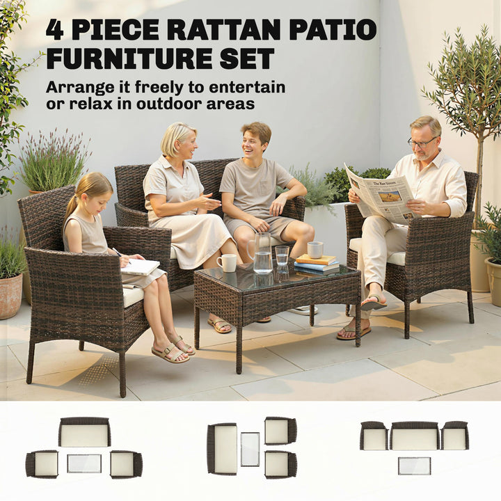 4 Piece Rattan Garden Furniture Sofa Set with Loveseat, Armchairs, Gla