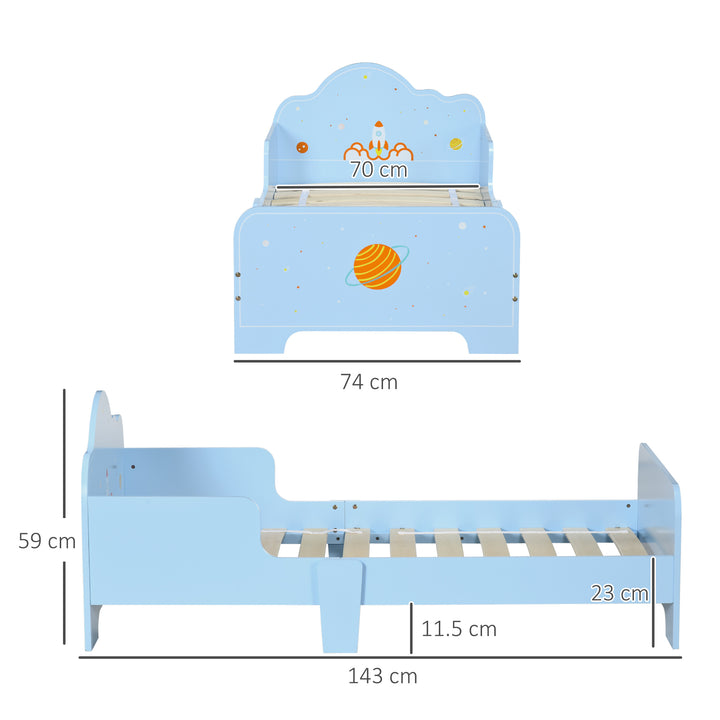 ZONEKIZ Toddler Bed with Rocket & Plants Patterns, Kids Bedroom Furniture, Safety Side Rails, Blue | Aosom UK